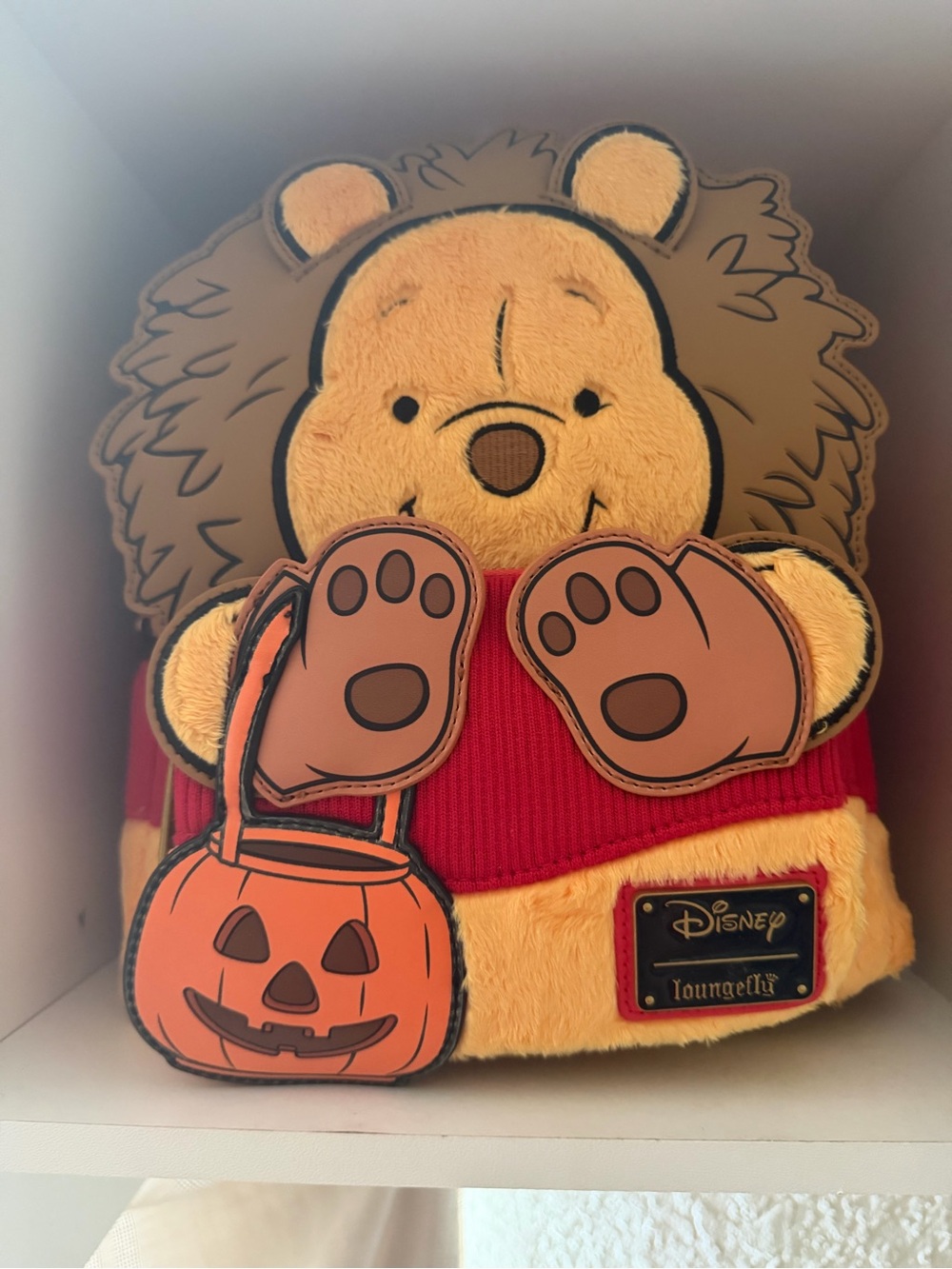 Loungefly Winnie the Pooh Plush Backpack in Yellow & Red with Pumpkin Charm